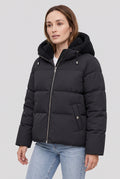 Teddy-Lined Hooded Puffer Jacket in Black — studio front