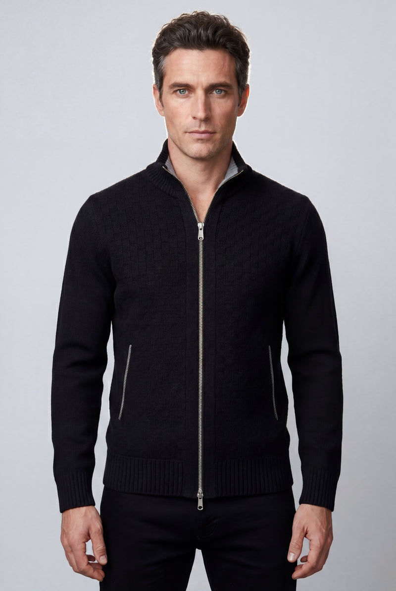 Black Textured Zip-up Sweater Jacket with Stand Collar - Zip up vest - Photo 1