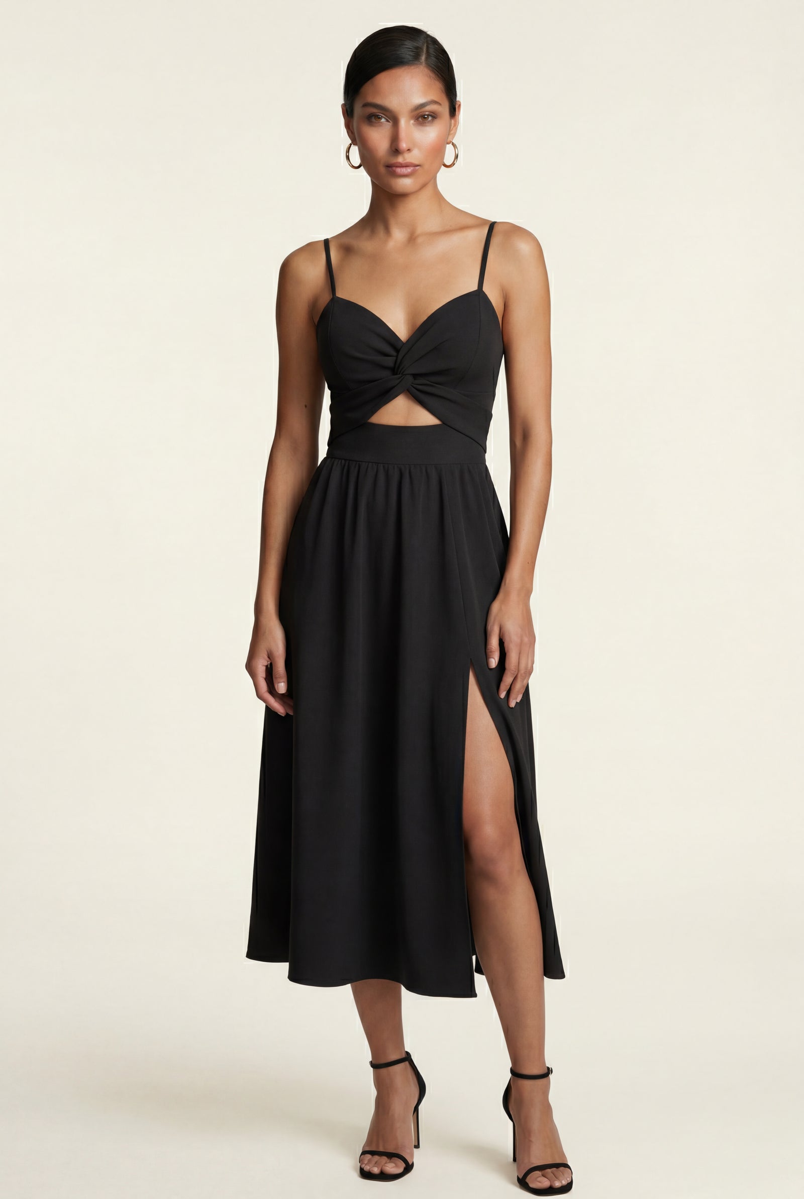 Black Twist-front Cutout Midi Dress with Side Slit - Photo 25