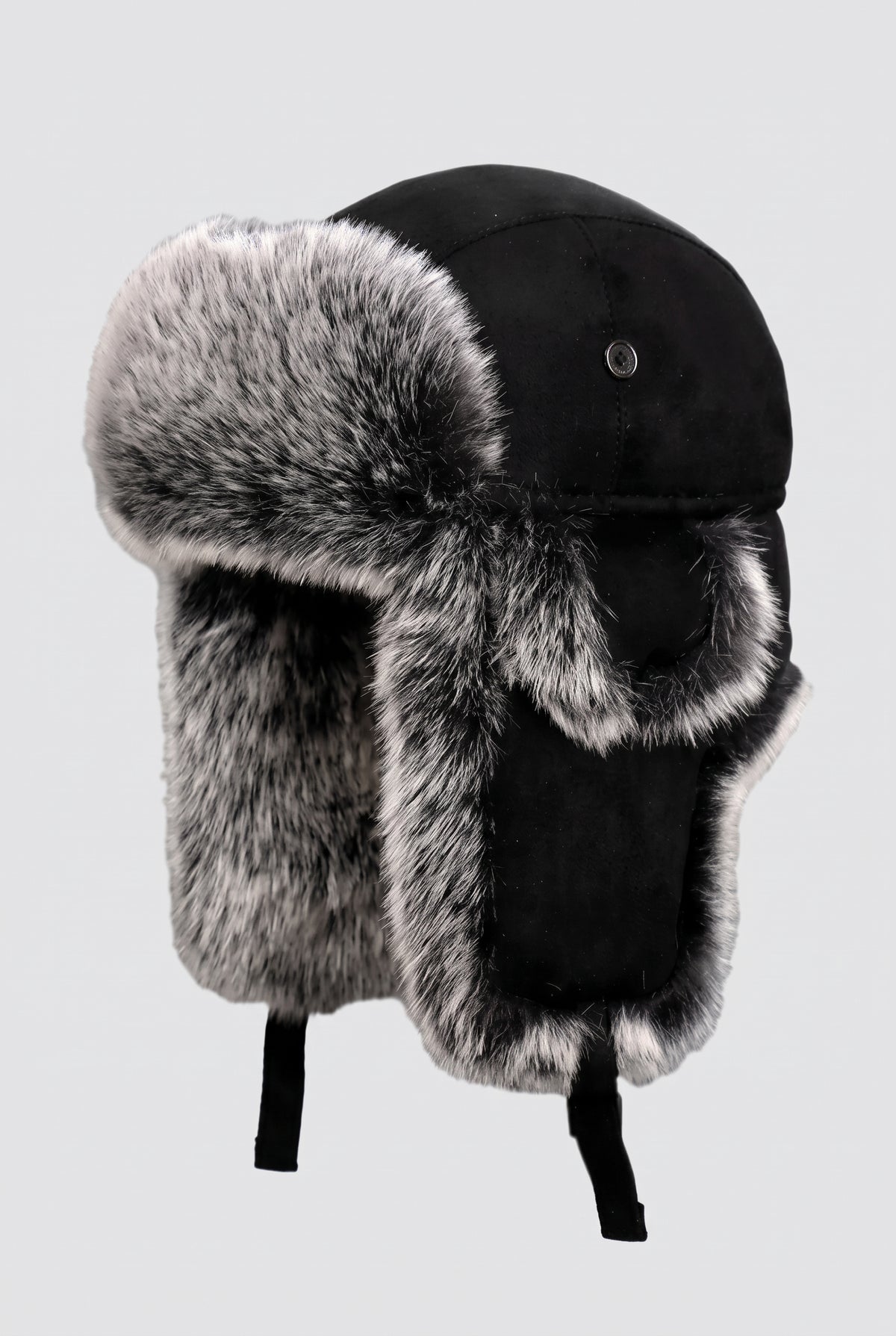 Vegan Leather Trapper Hat in Black — studio front