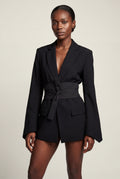 Black Wide Lapel Belted Blazer with Split Sleeves - Fitted blazers - Photo 1