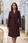 Burgundy Wide Notched Collar Belted Long Trench Coat - Photo 6