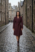 Burgundy Wide Notched Collar Belted Long Trench Coat - Photo 8