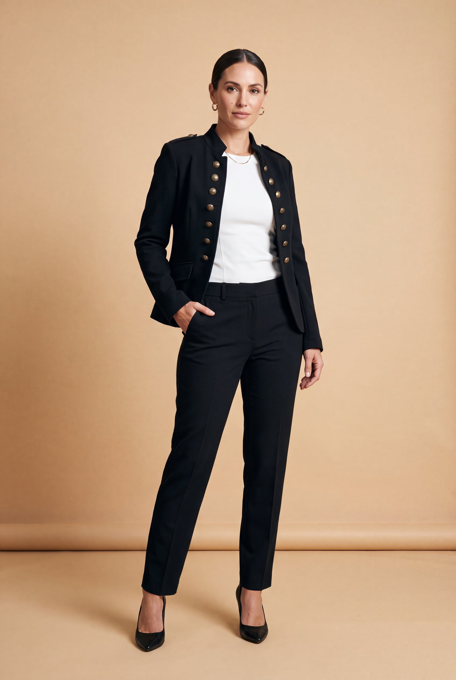Women's Blazer Military Style Structured in Black — studio front