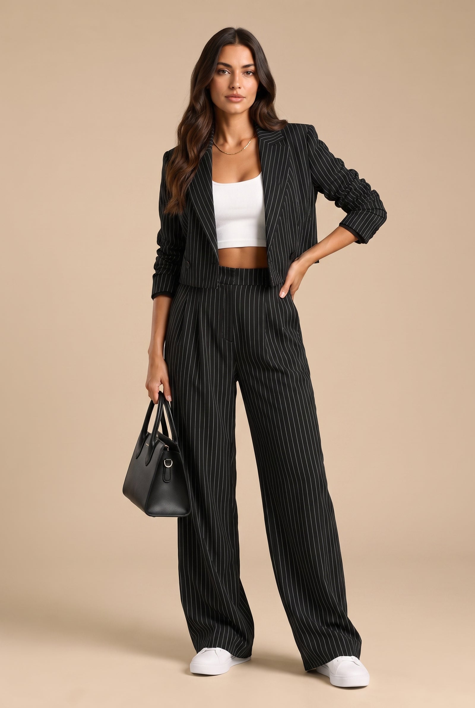 Women's Blazer Set Cropped in Black — studio fullbody