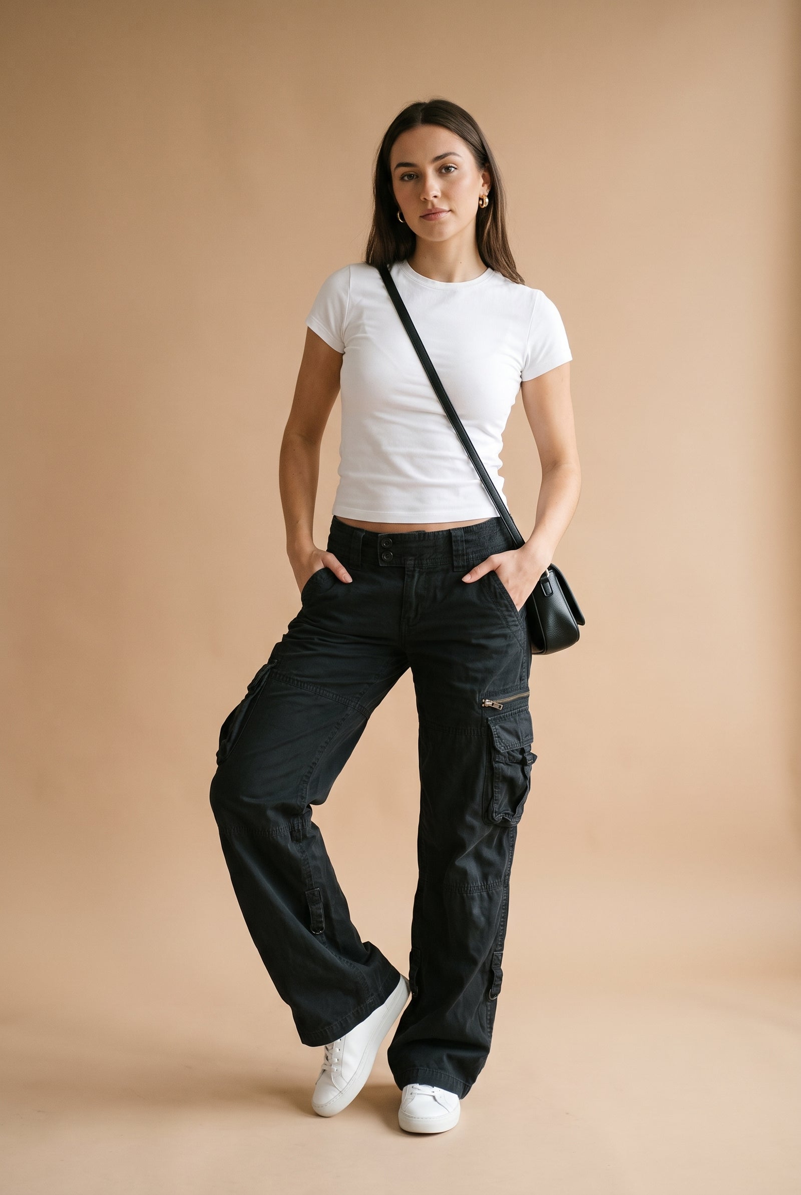 Women's Cargo Trousers Wide Leg in Black — primary studio