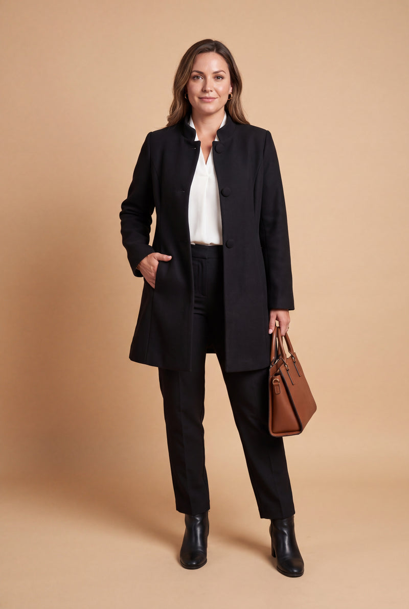 Women's Coat Mid-Length Stand Collar in Black — studio front full body