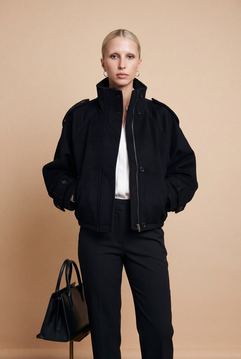 Women's Cropped Coat Stand Collar in Black — studio front full body