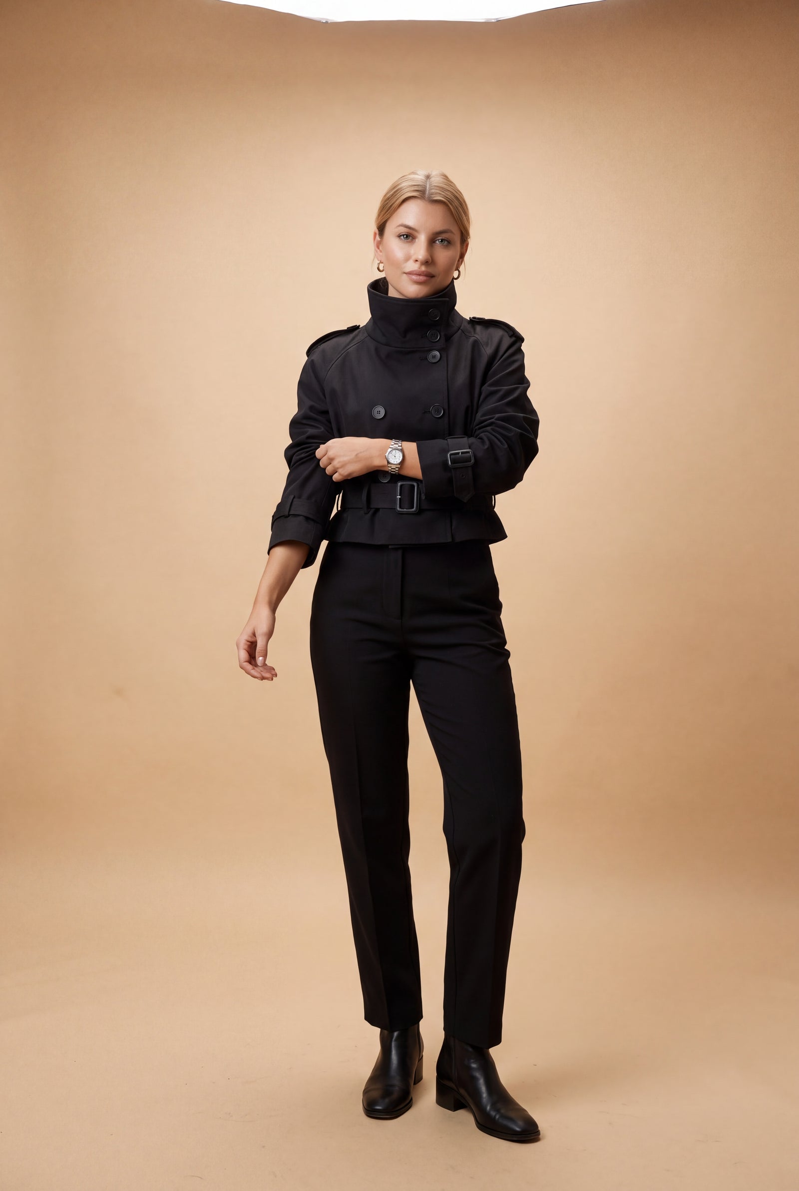 Women's Cropped Trench Coat Belted in Black — studio full body
