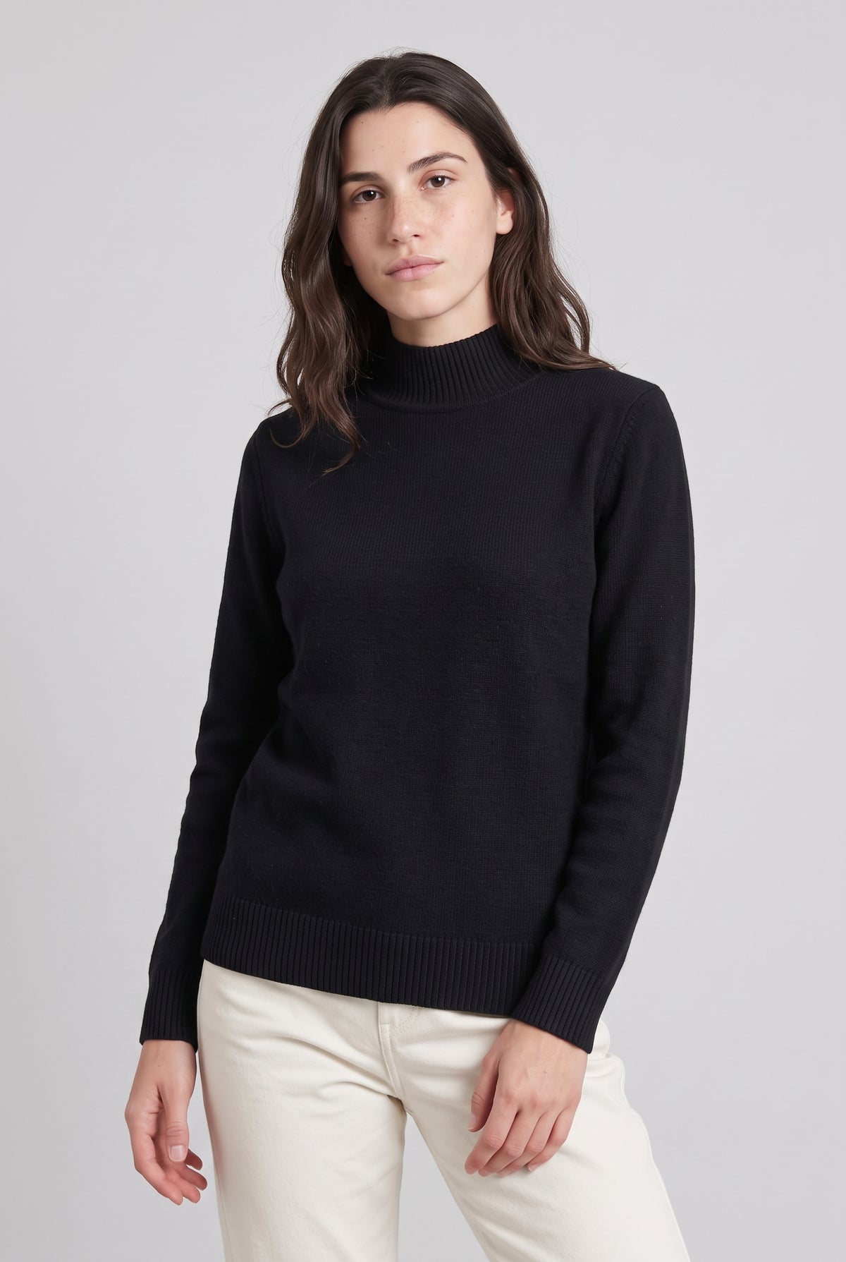 Women's Fleece-Lined Mock Neck Sweater in Black — studio front