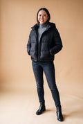 Women's Hooded Puffer Jacket Zipper in Black — primary studio