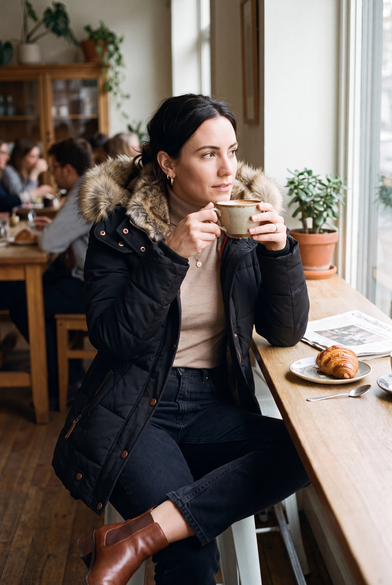 Women's Jacket Faux Fur Collar in Black — cafe lifestyle
