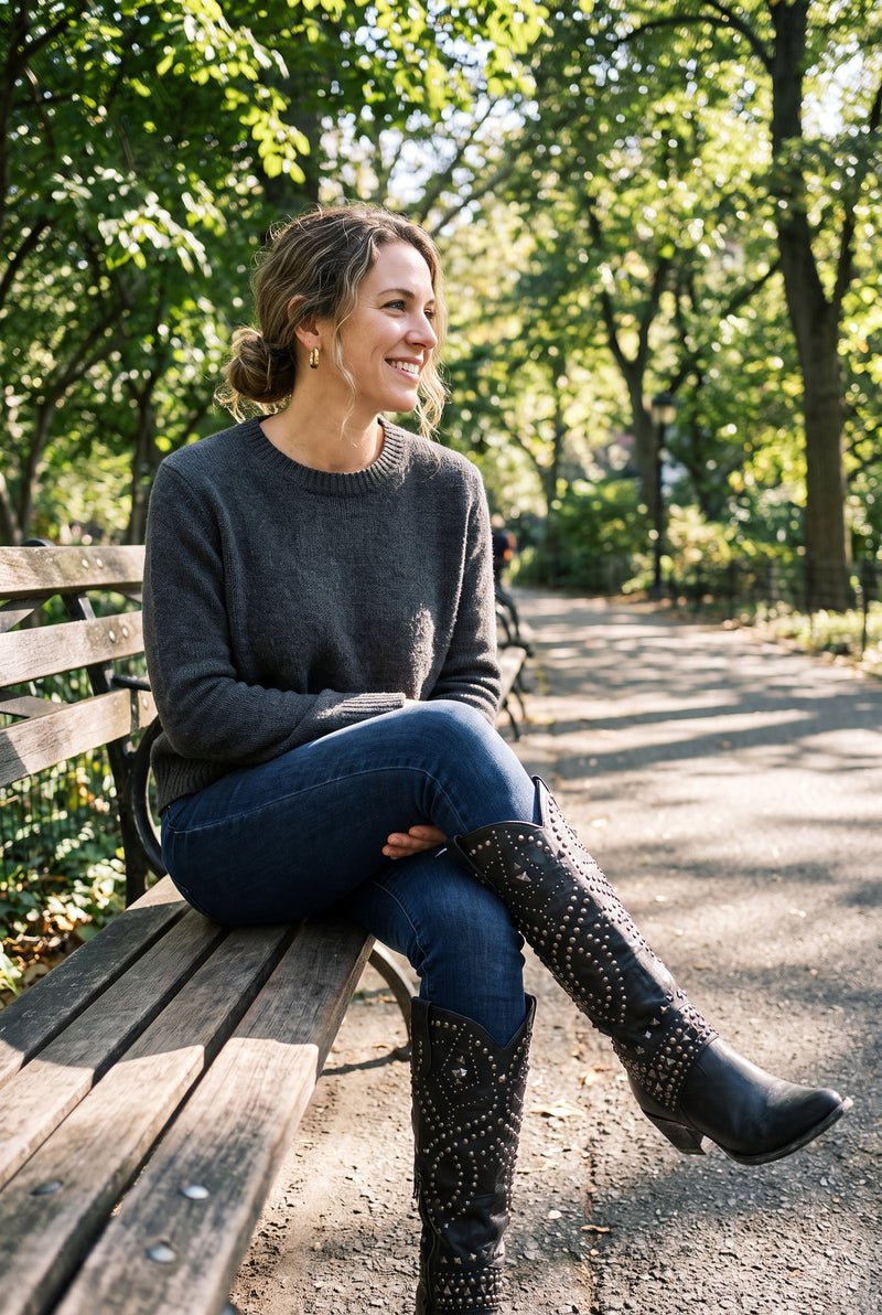 Women's Knee-High Cowboy Boots Riveted in Black — secondary shot