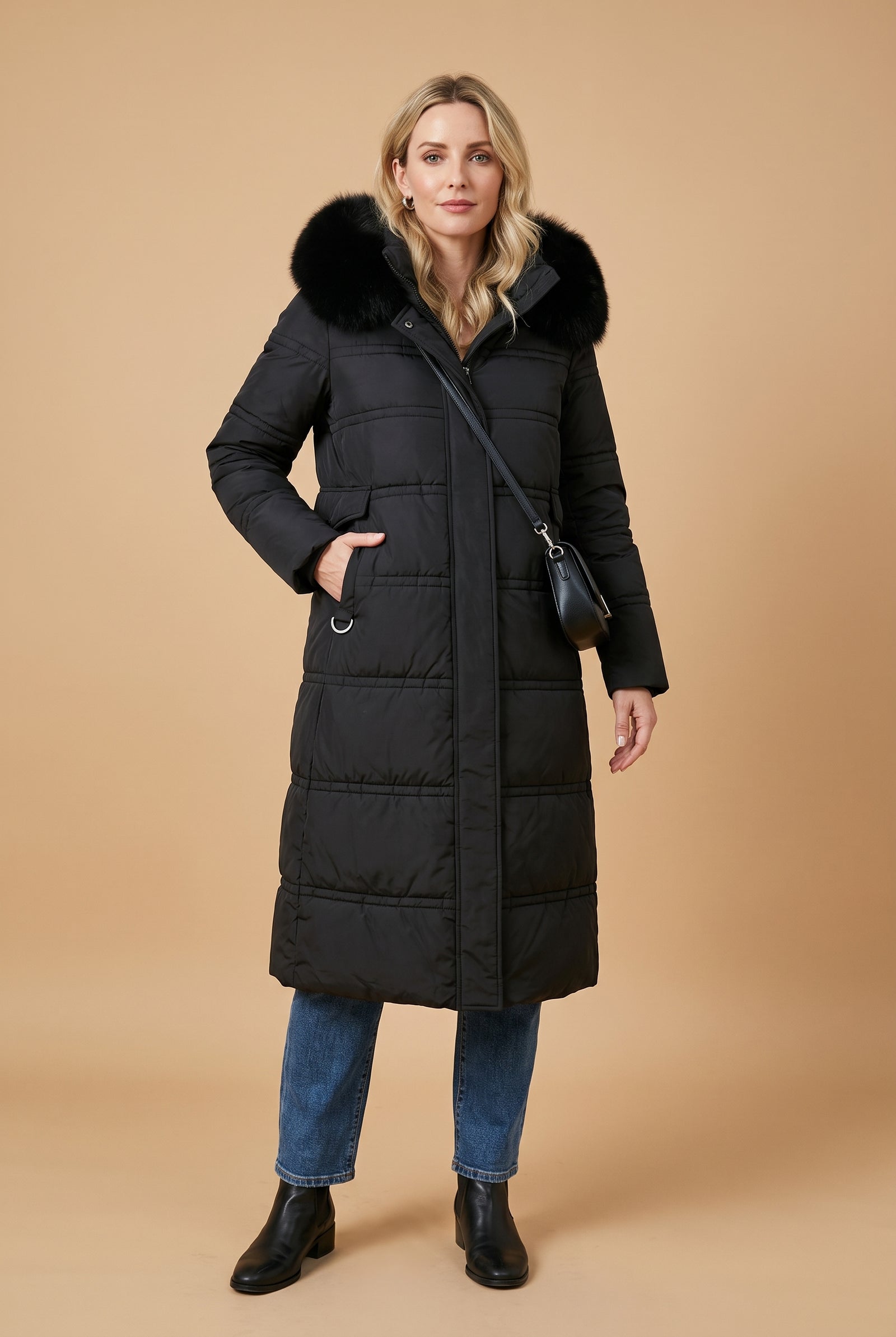 Women's Long Parka Relaxed Fit in Black — studio shot