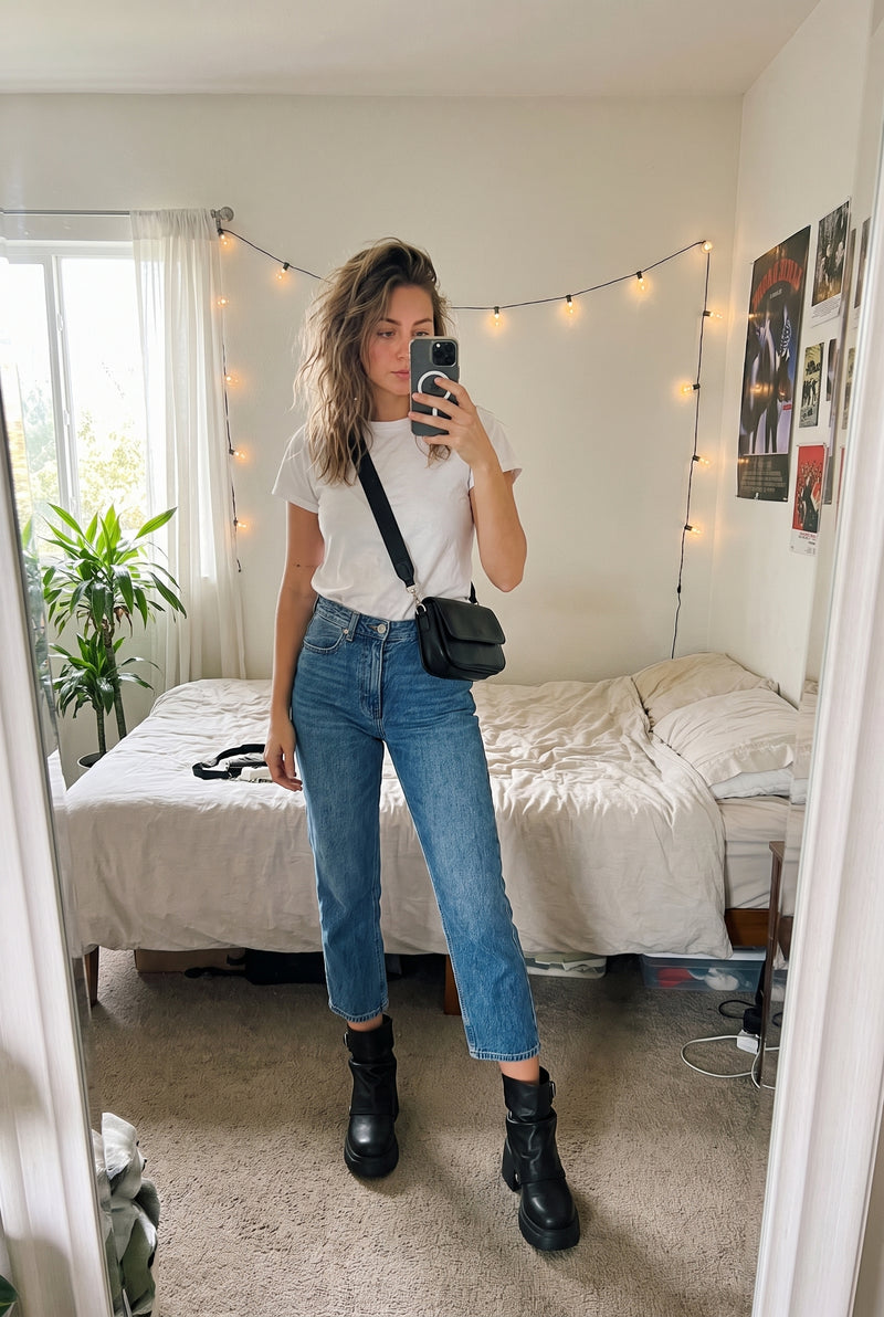 Women's Platform Boots Buckle Detail in Black — ugc mirror selfie