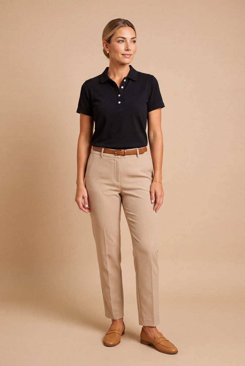 Women's Polo Shirt Elegant Fit in Black — studio front