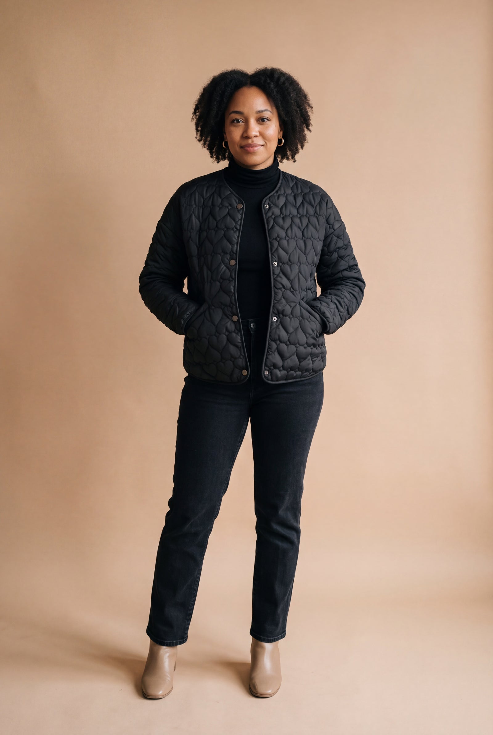 Women's Puffer Jacket Heart Quilted in Black — studio full