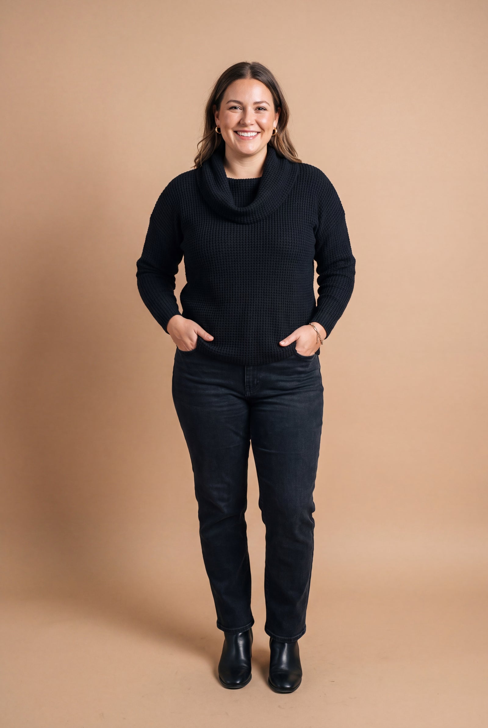 Women's Pullover Shawl Collar Waffle Knit in Black — studio full