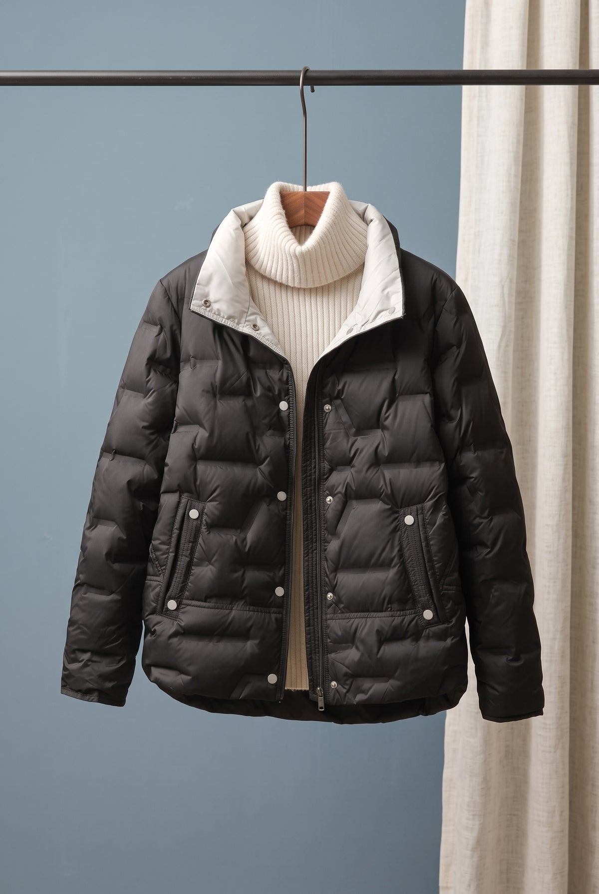 Quilted Down Jacket in Black — studio front