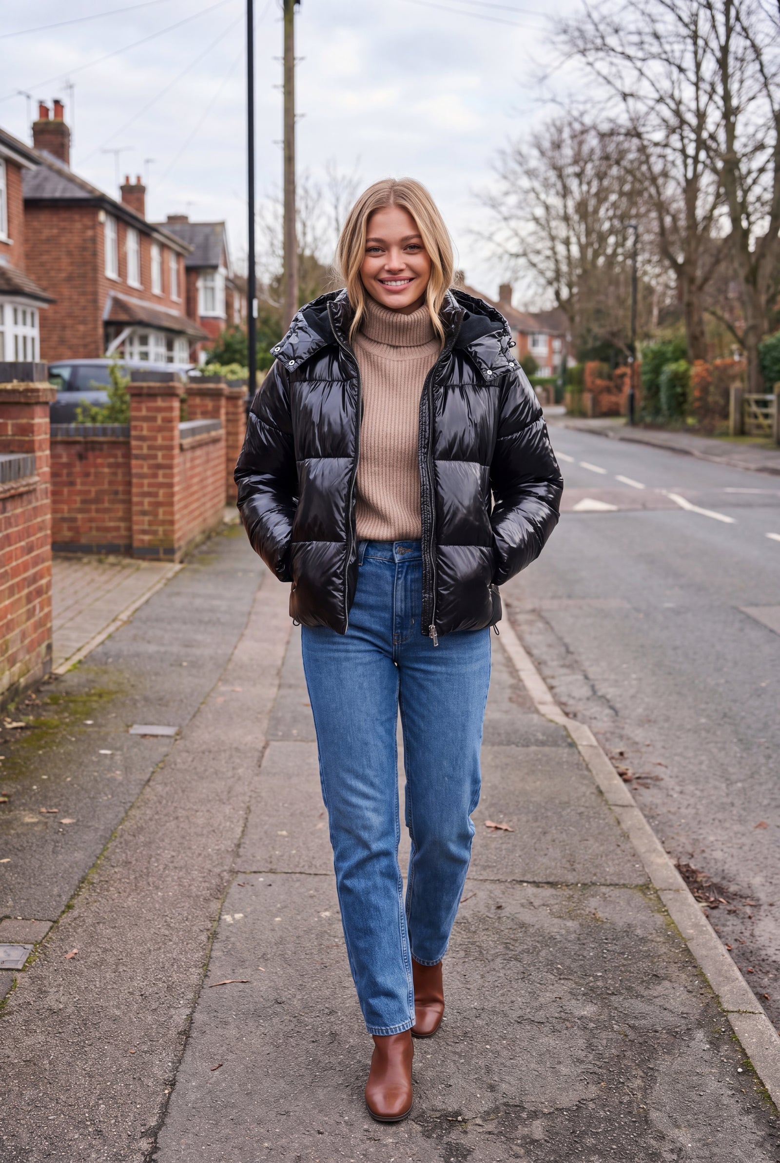 Women's Short Puffer Jacket with Hood in Black — secondary ugc