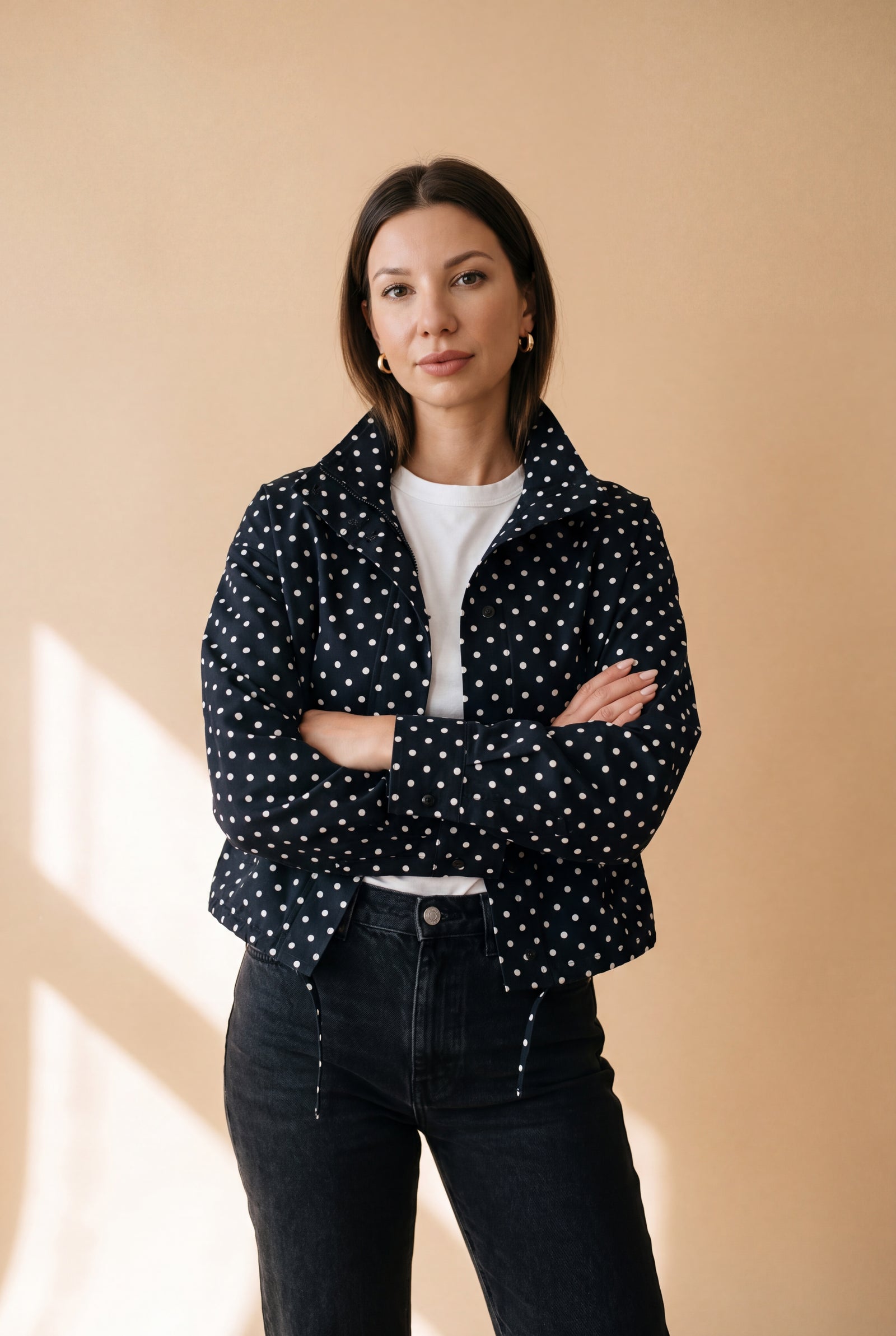 Women's Tailored Jacket Polka Dot in Black — studio shot