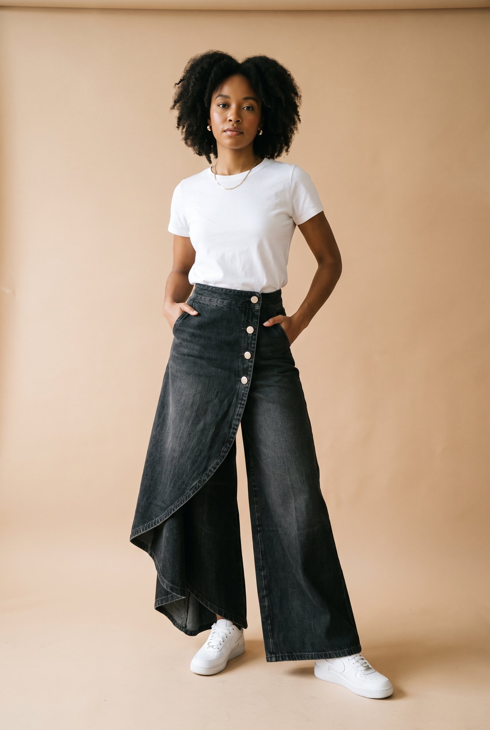 Women's Wide Leg Pants Side Button in Black — primary studio