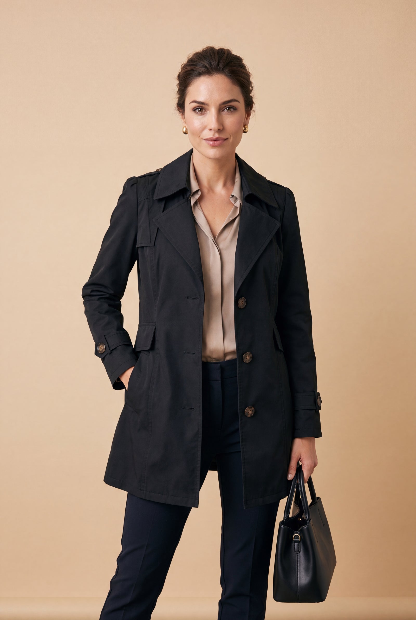 Women Trench Coat Short Belted in Black — primary full body