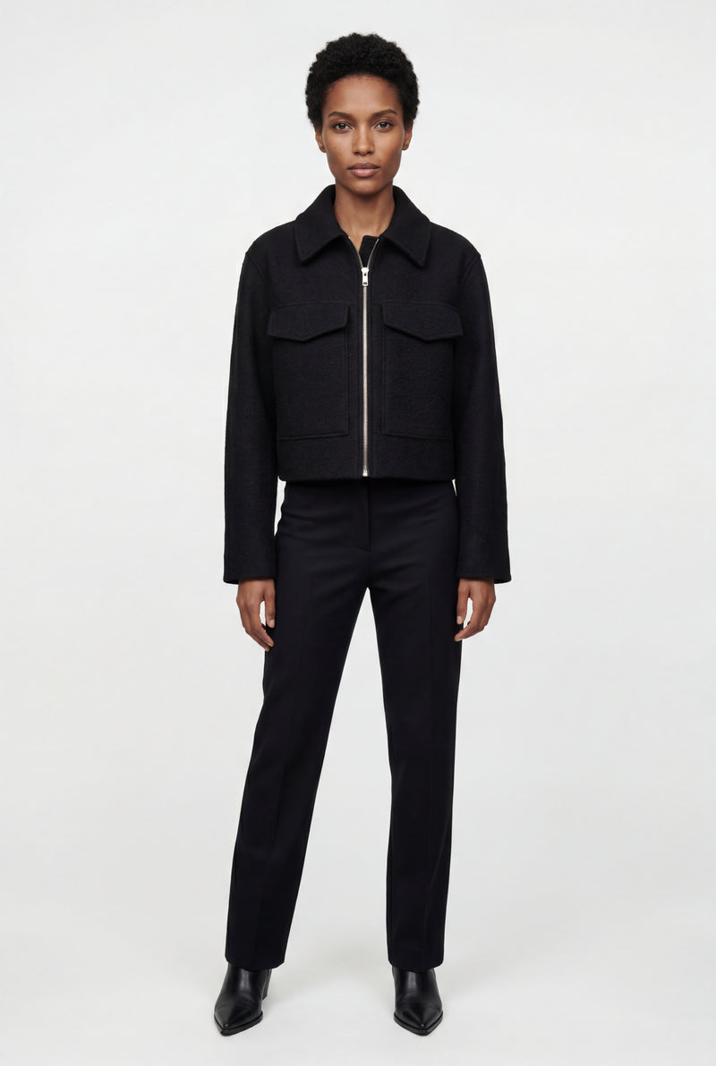Black Women's Boxy Cropped Zip Up Jacket with Flap Pockets - Photo 3