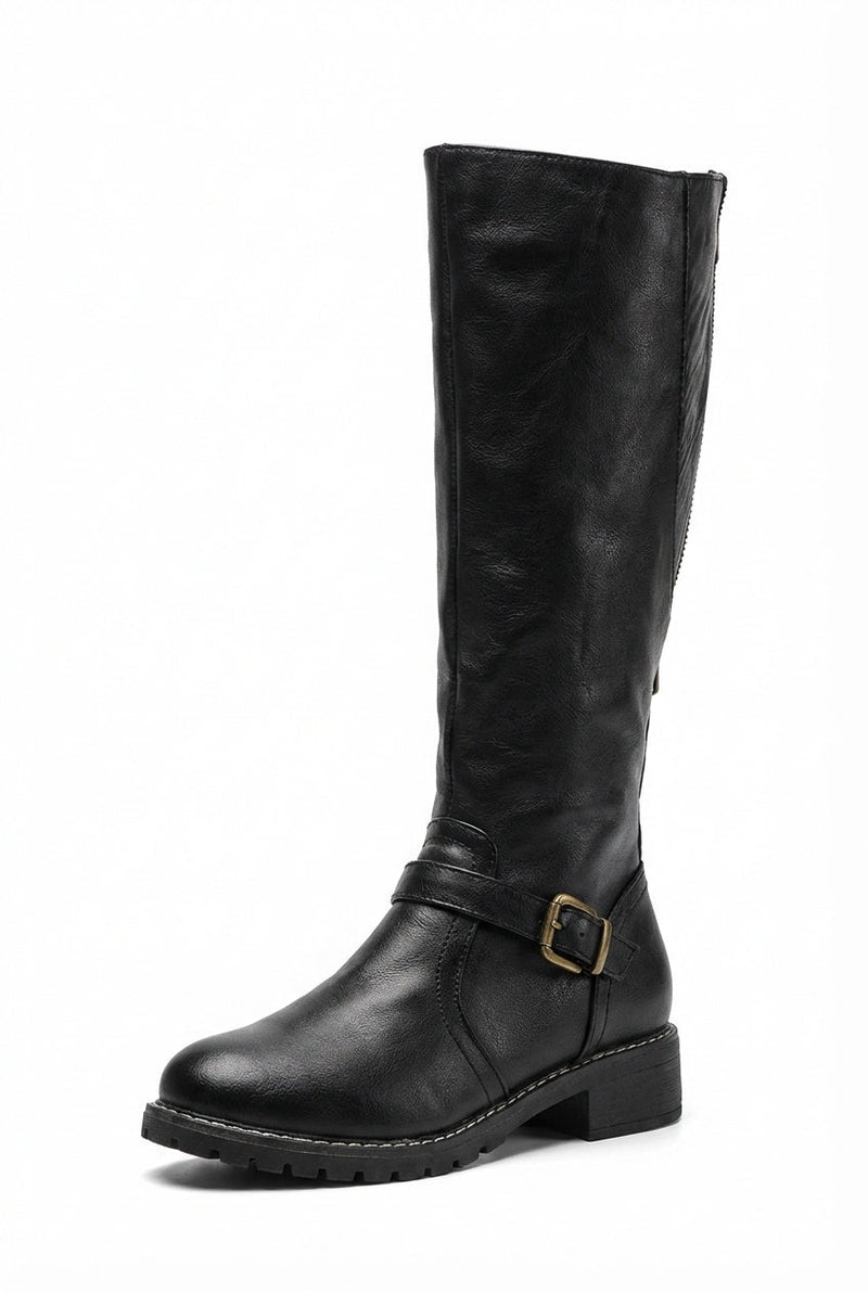 Black Women's Buckle Strap Knee-High Boots with Low Block Heel - Photo 1
