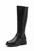 Black Women's Buckle Strap Knee-High Boots with Low Block Heel - Photo 1