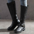 Black Women's Buckle Strap Knee-High Boots with Low Block Heel - Photo 5