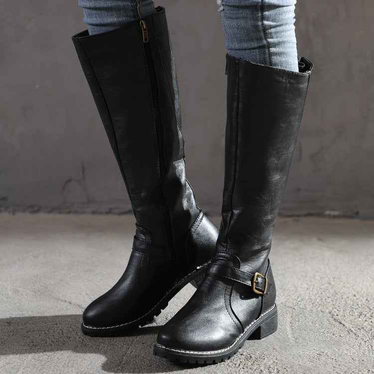 Black Women's Buckle Strap Knee-High Boots with Low Block Heel - Photo 5