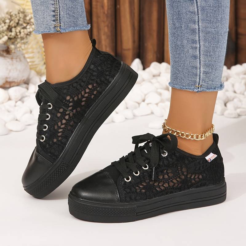 Black Women's Crochet Lace Platform Lace-Up Sneakers - Photo 5