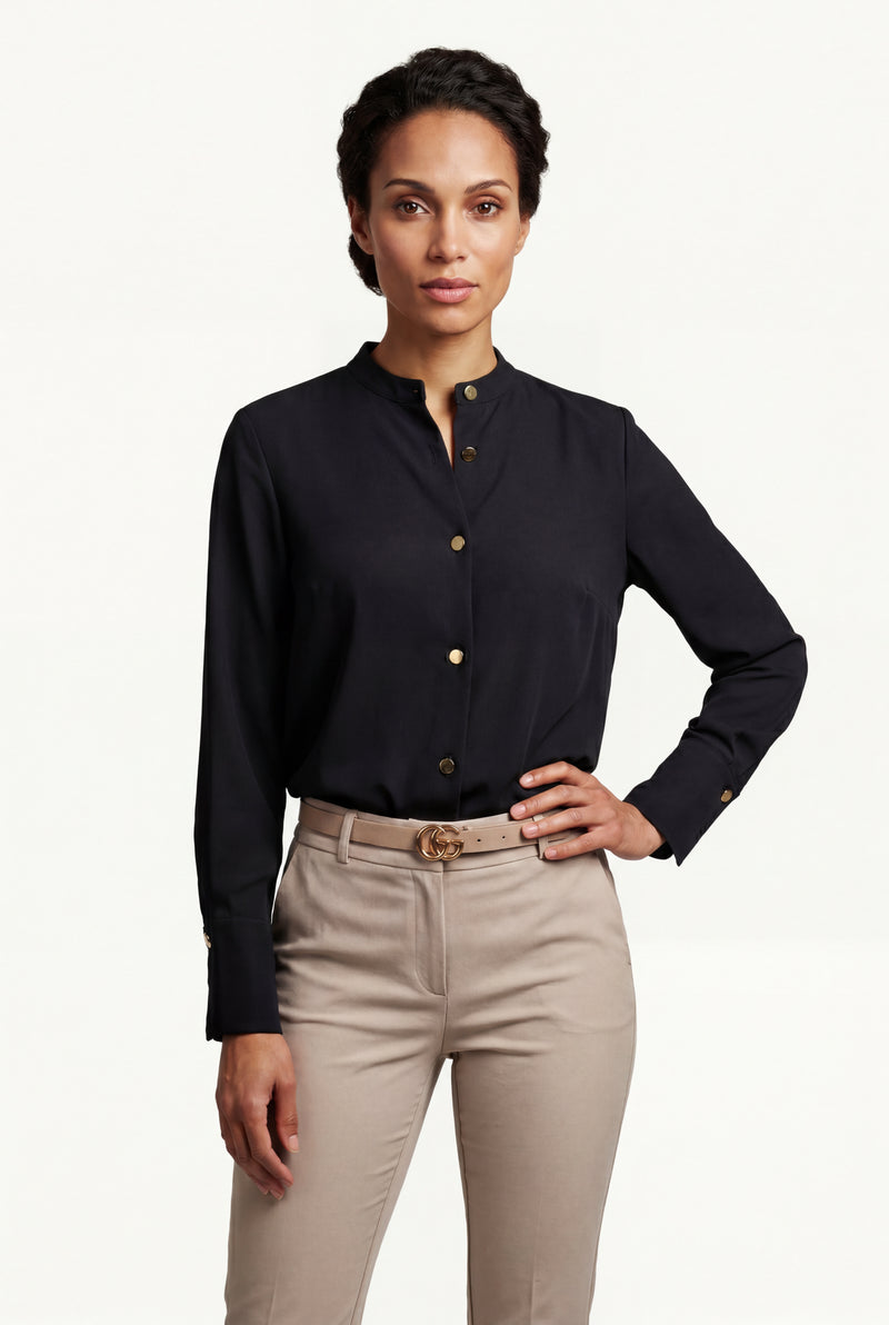 Black Women's Gold Button Mandarin Collar Long Sleeve Blouse - Blouses - Photo 2