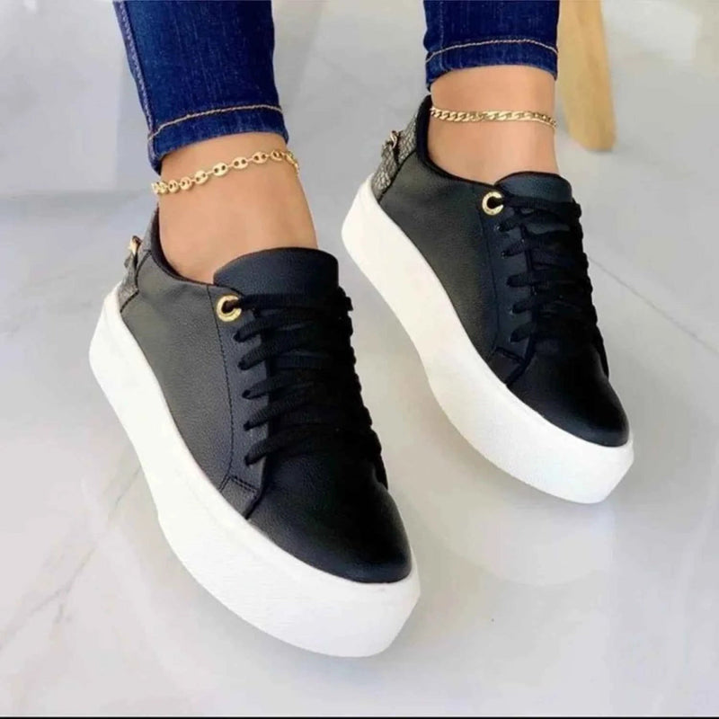 Black Women's Gold Chain Platform Lace-Up Casual Sneakers - Photo 3