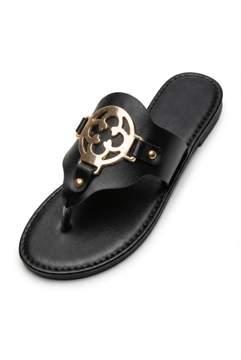 Black Women's Gold Emblem Black Thong Sandals - Photo 1
