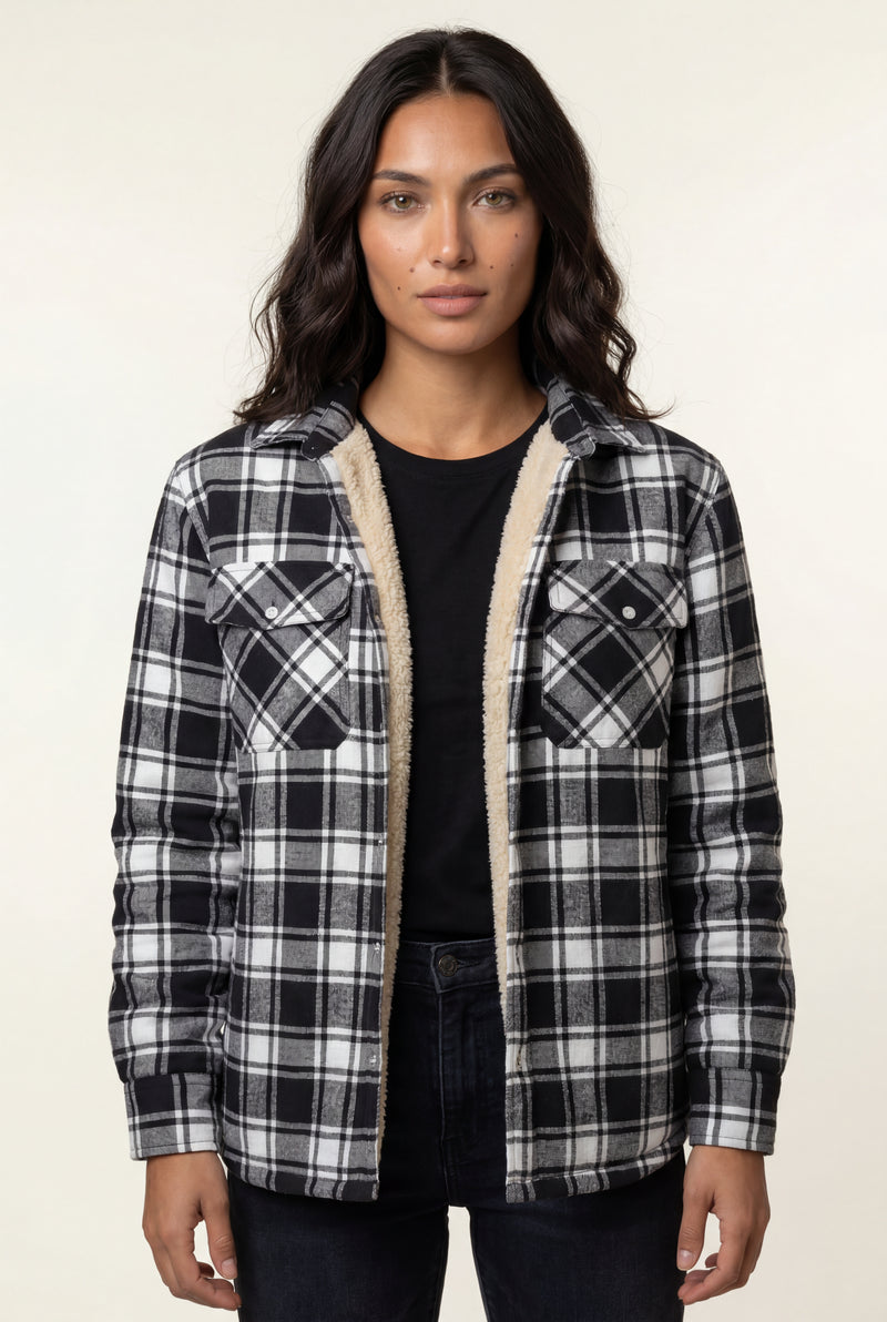 Black Women's -Lined Plaid Relaxed Shirt Jacket - Shirt jackets - Photo 2