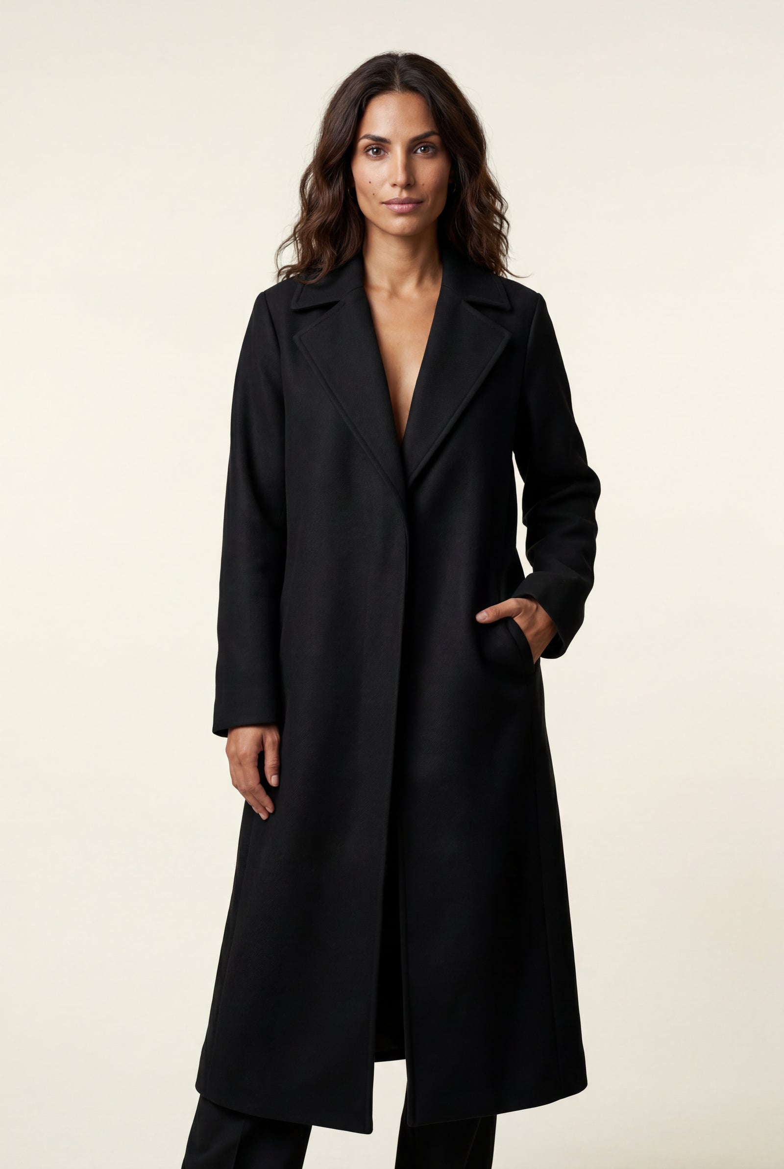 Black Women's Longline Tailored Trench Coat with Notched Lapel - Trench coats - Photo 1