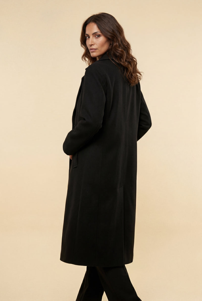Black Women's Longline Tailored Trench Coat with Notched Lapel - Trench coats - Photo 3