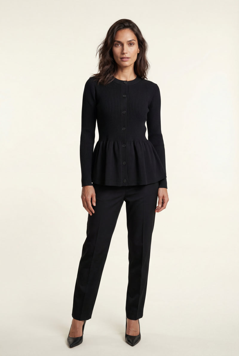 Black Women's Ribbed Button-Front Peplum Cardigan - Cardigans - Photo 1