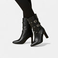 Black Women's Studded Buckle Strap Pointed Toe Ankle Boots - Photo 5