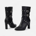 Black Women's Studded Buckle Strap Pointed Toe Ankle Boots - Photo 6