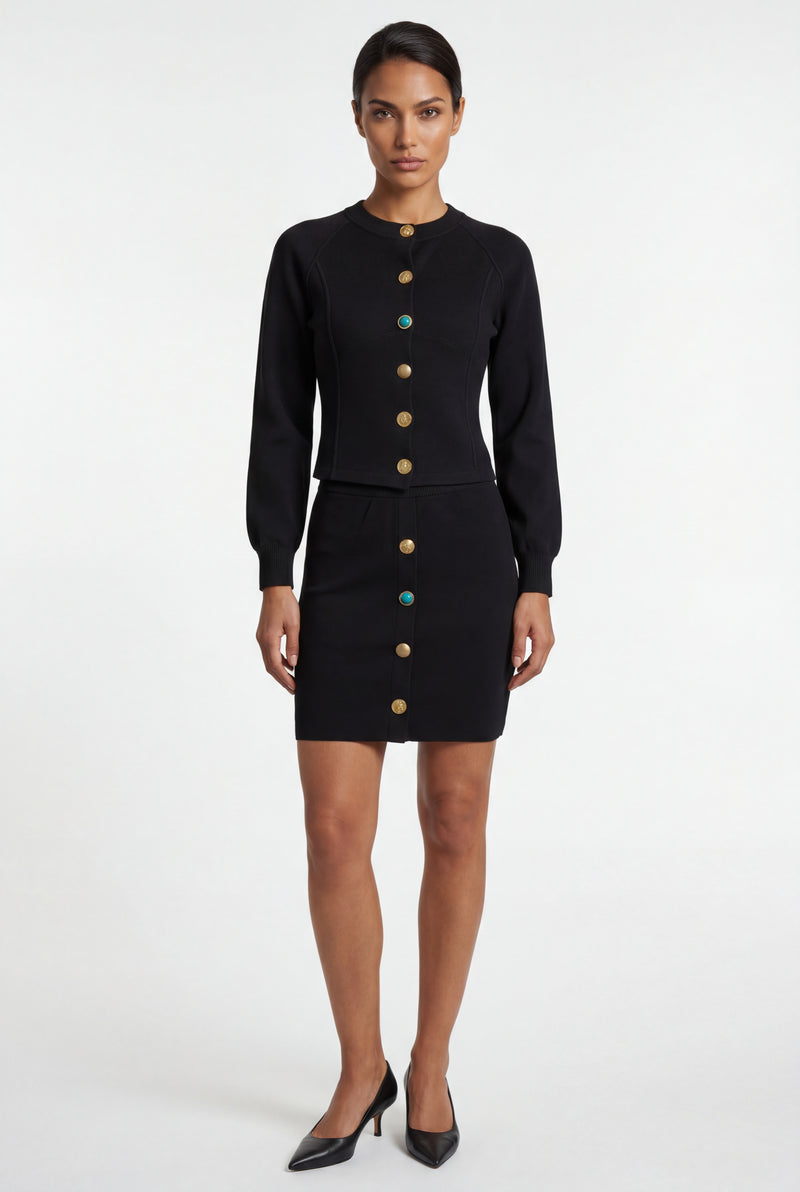 Black Women's Tailored Button-Front Cardigan and Skirt Set - Cardigan skirt set - Photo 1