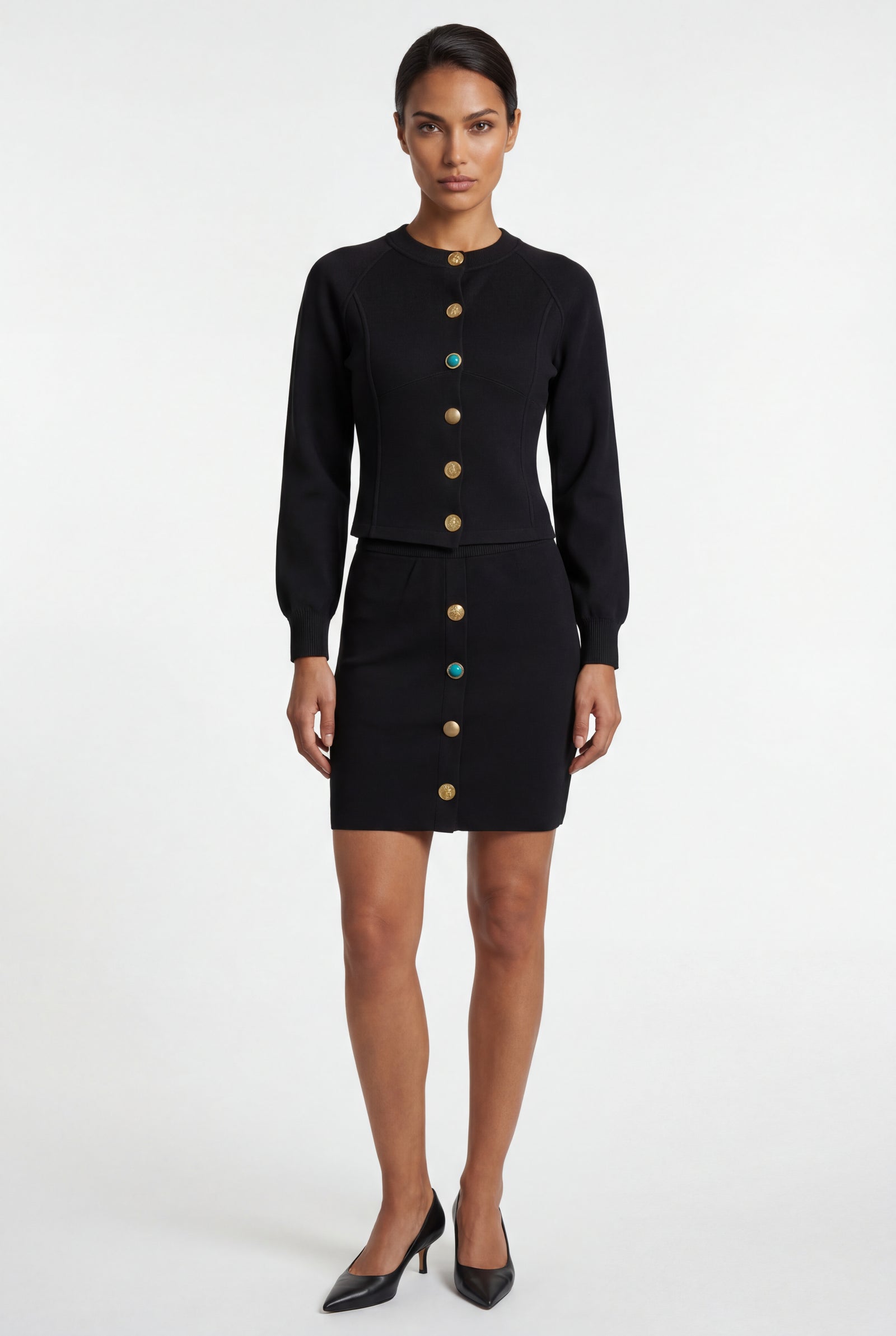 Black Women's Tailored Button-Front Cardigan and Skirt Set - Cardigan skirt set - Photo 1