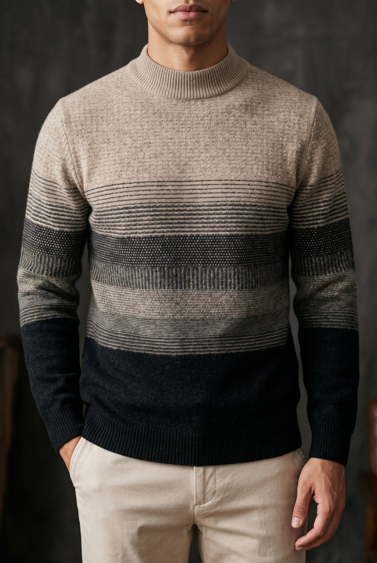 Wool Gradient Stripe Sweater in Black — studio front