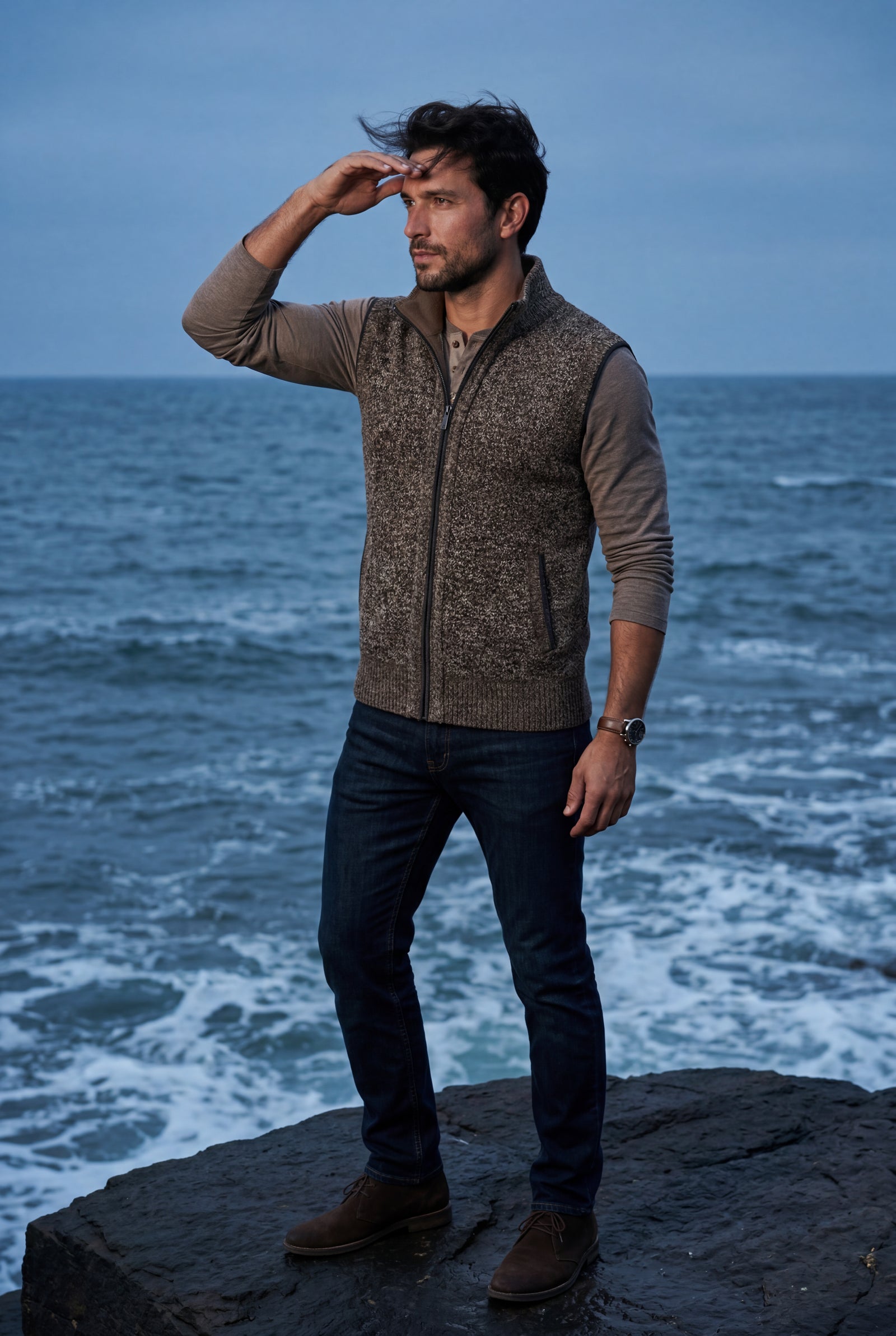 Brown Zip-front Colorblock Knitted Vest with Stand Collar - Knitted vests - Photo 8