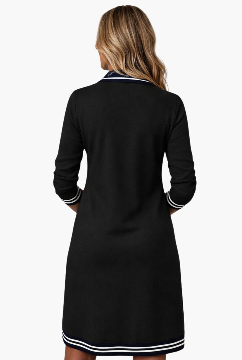 Zip-Front Polo Sweater Dress in Black — back