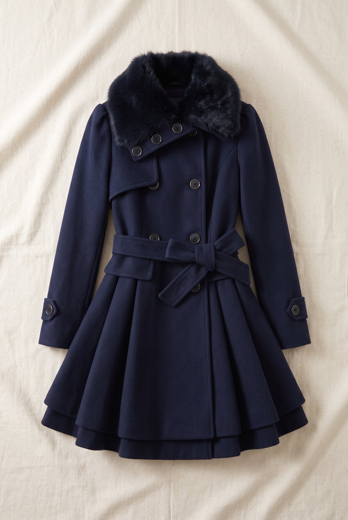Belted Faux-Fur Collar Coat in Blue — studio front