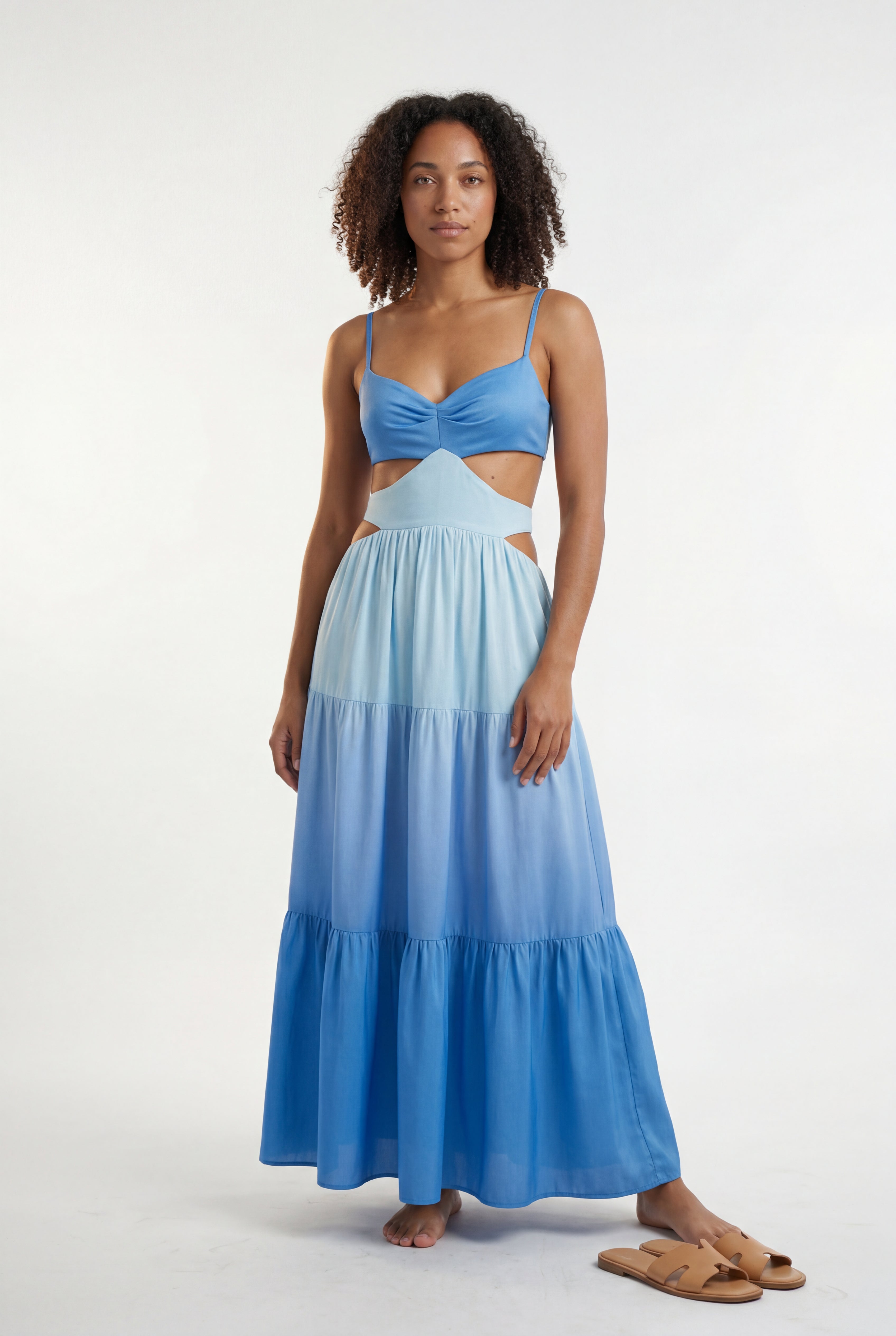 Maxi Dress for Beach Vacation with Ombre Gradient, Ruched Bust, and Tiered Skirt