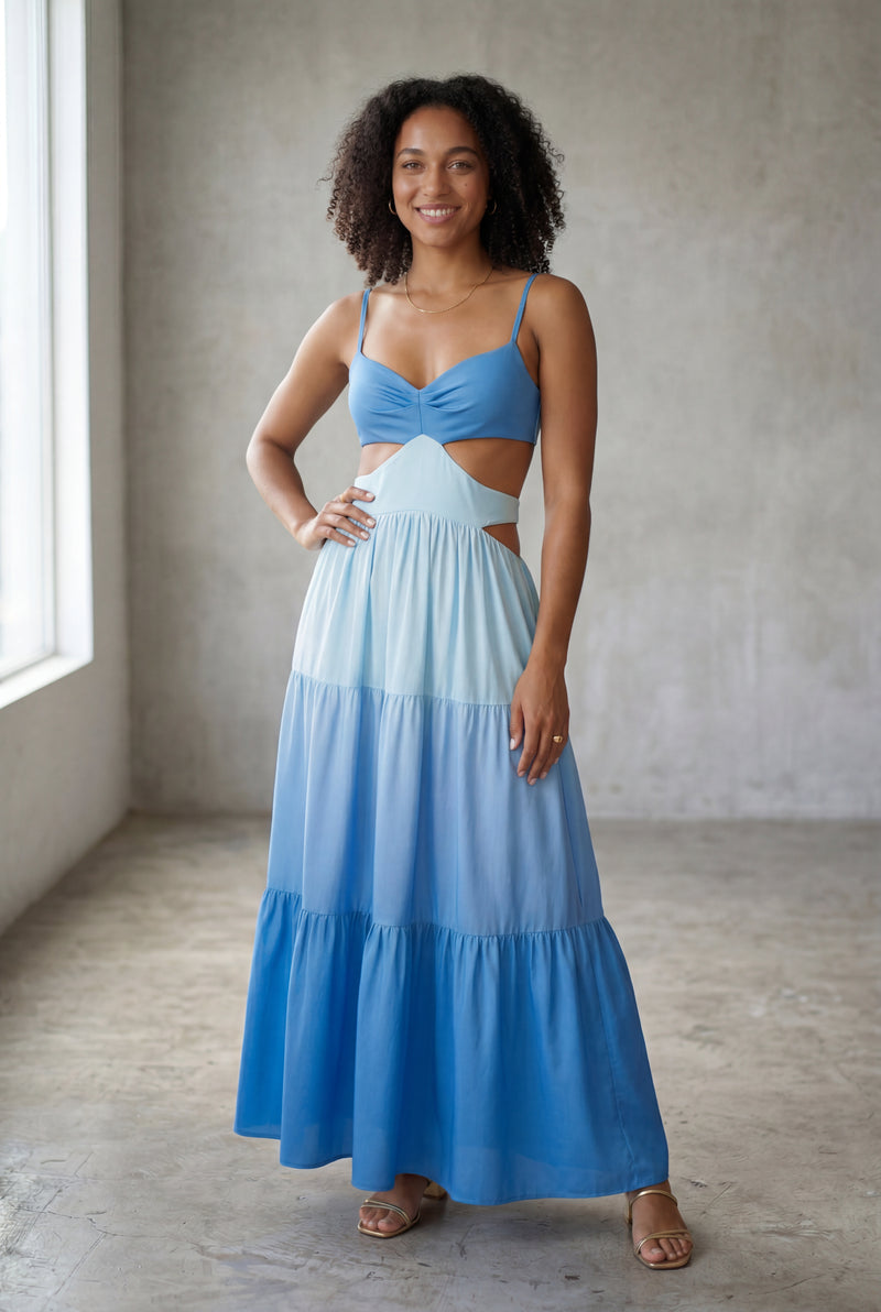 Blue Blue Ombre Cutout Tiered Maxi Dress with Ruched Bust - Photo 3